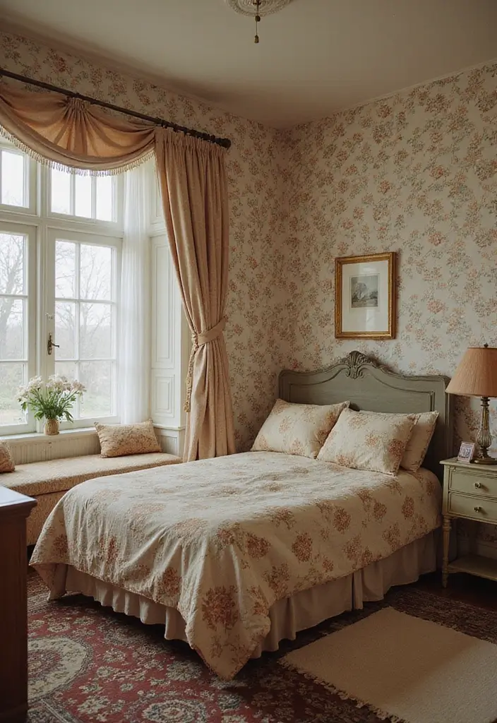 25 Romantic Vintage Bedroom Ideas That Feel Timeless & Intimate - 3. Vintage Floral Wallpaper