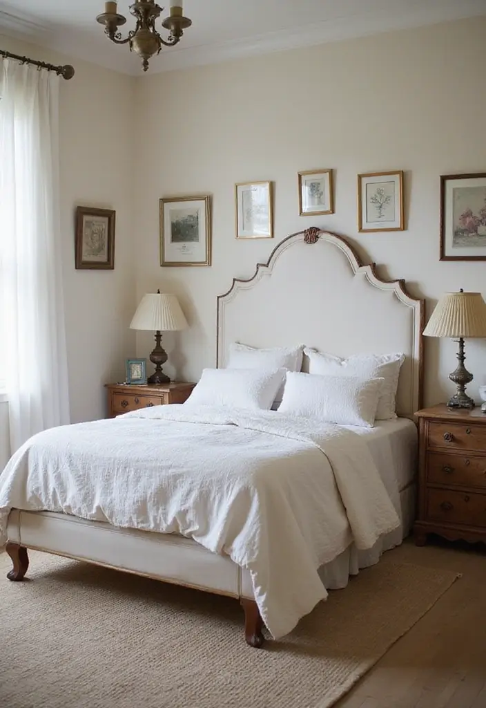 25 White Bed Frame Bedroom Ideas That Feel Clean and Modern - 10. Vintage Charm