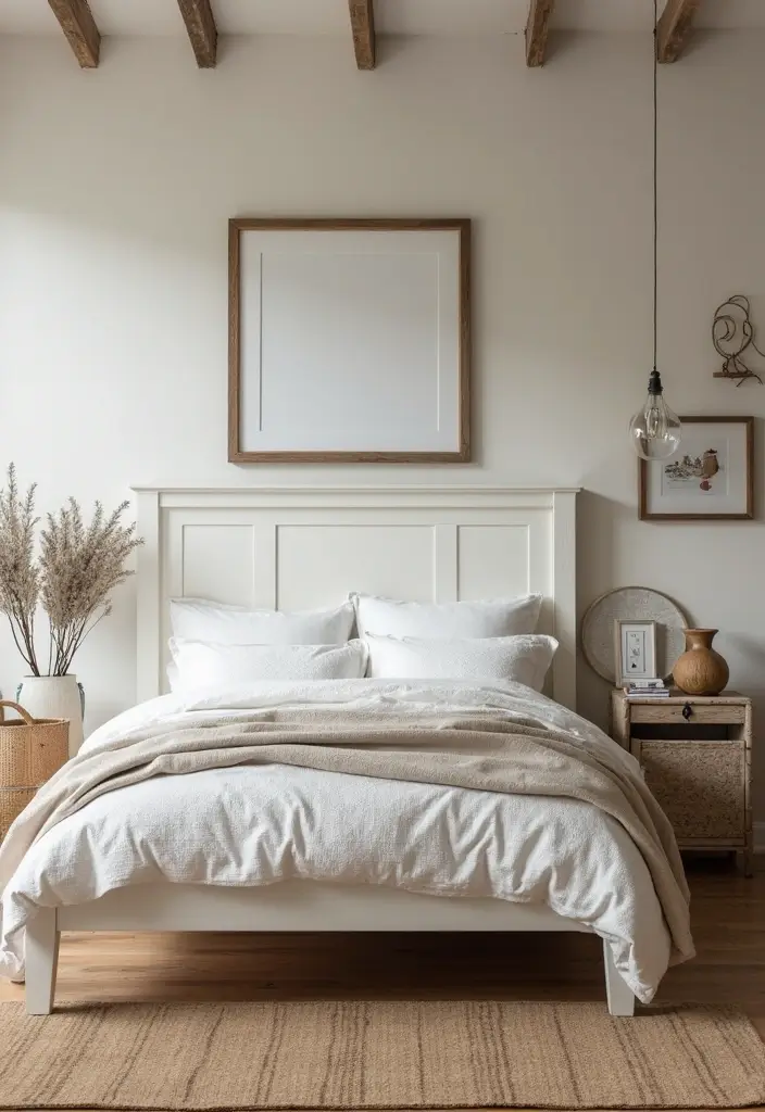 25 White Bed Frame Bedroom Ideas That Feel Clean and Modern - 14. Farmhouse Modern