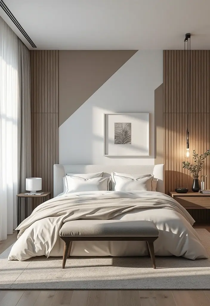 25 White Bed Frame Bedroom Ideas That Feel Clean and Modern - 20. Geometric Patterns