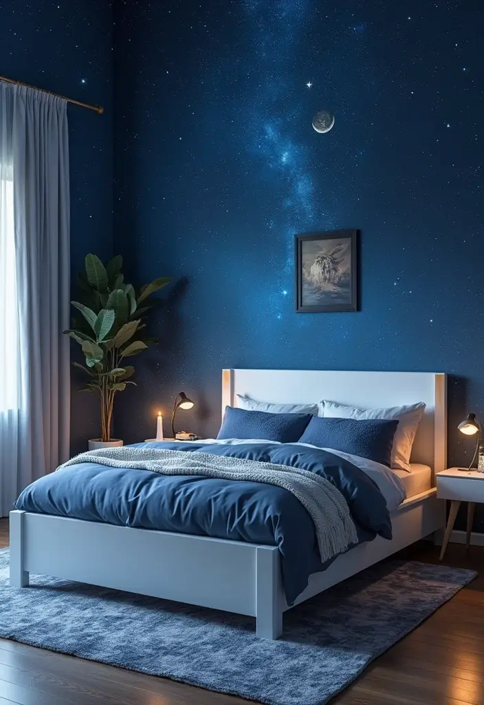 25 White Bed Frame Bedroom Ideas That Feel Clean and Modern - 21. Night Sky Inspiration