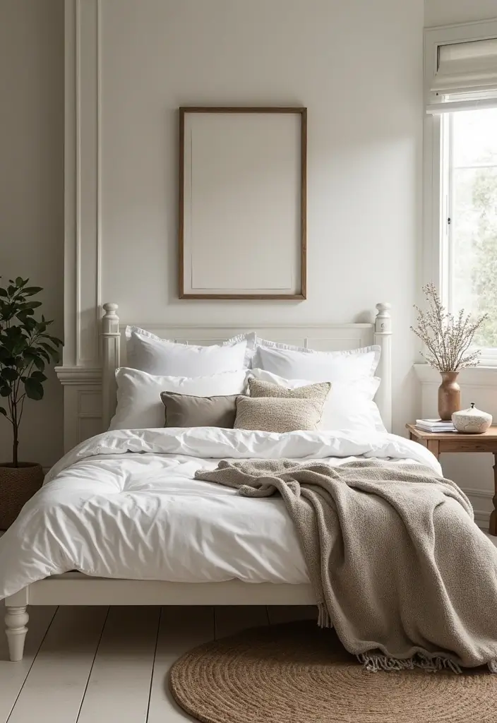 25 White Bed Frame Bedroom Ideas That Feel Clean and Modern - 9. Layered Textures