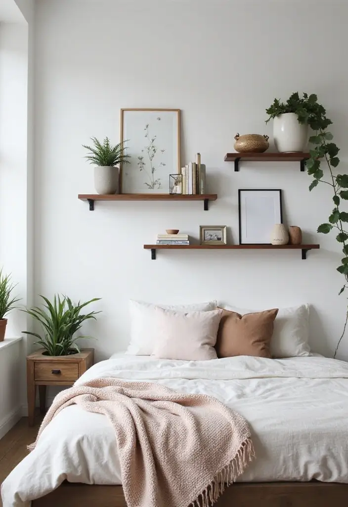 26 Modern Guest Bedroom Ideas That Feel Welcoming & Stylish - 22. Minimalist Wall Shelves