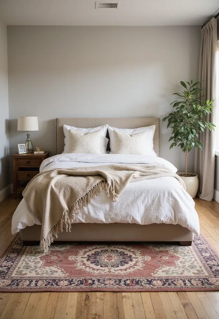 26 Smart 11x11 Bedroom Layout Ideas for Perfect Balance & Flow - 6. Zoning with Area Rugs