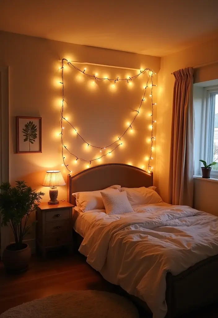 27 Bedroom Ideas for Small Rooms Cozy & Cheap But Aesthetic - 21. Romantic String Lights: Soft and Dreamy