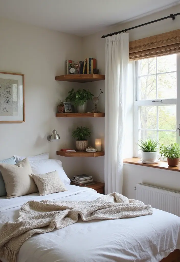 27 Bedroom Ideas for Small Rooms Cozy & Cheap But Aesthetic - 25. Cozy Corner Shelves: Display and Storage