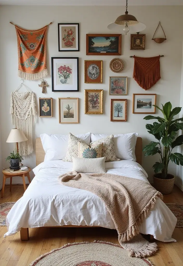 27 Bedroom Ideas for Small Rooms Cozy & Cheap But Aesthetic - 3. Bohemian Wall Art: Personal Touch