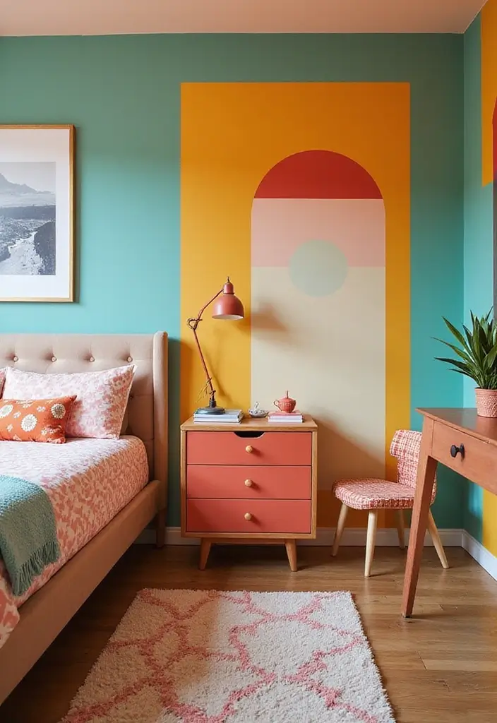 27 Modern Vintage Bedroom Ideas That Feel Retro & Refined - 17. Vintage Inspired Color Blocks