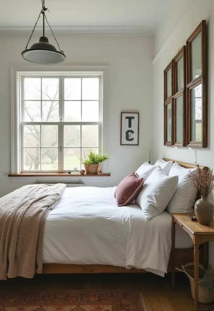 27 Modern Vintage Bedroom Ideas That Feel Retro & Refined - 26. Repurposed Windows as Decor