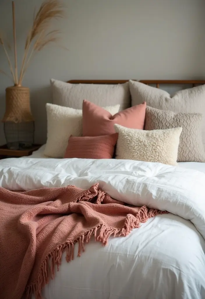28 Boho Style Bedroom Ideas That Feel Effortless and Free-Spirited - 20. Textured Pillows and Throws