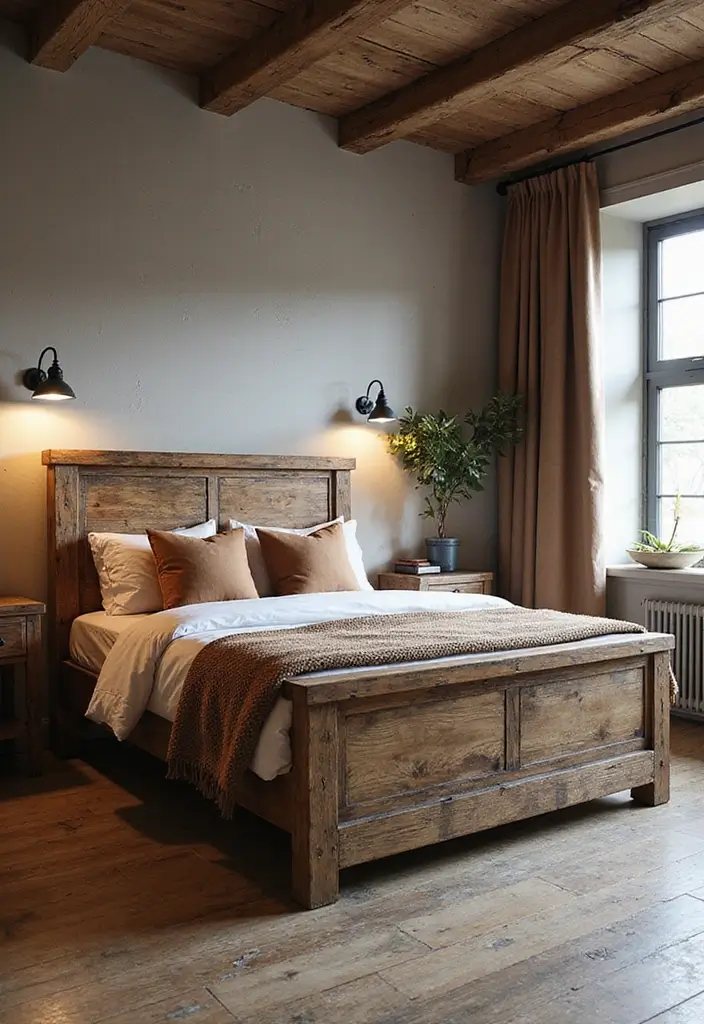 28 Modern Rustic Bedroom Ideas That Combine Comfort and Edge - 10. Rustic Charm with Metal Accents