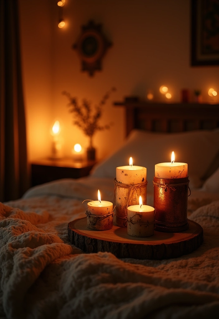 28 Modern Rustic Bedroom Ideas That Combine Comfort and Edge - 20. Ambient Candle Lighting