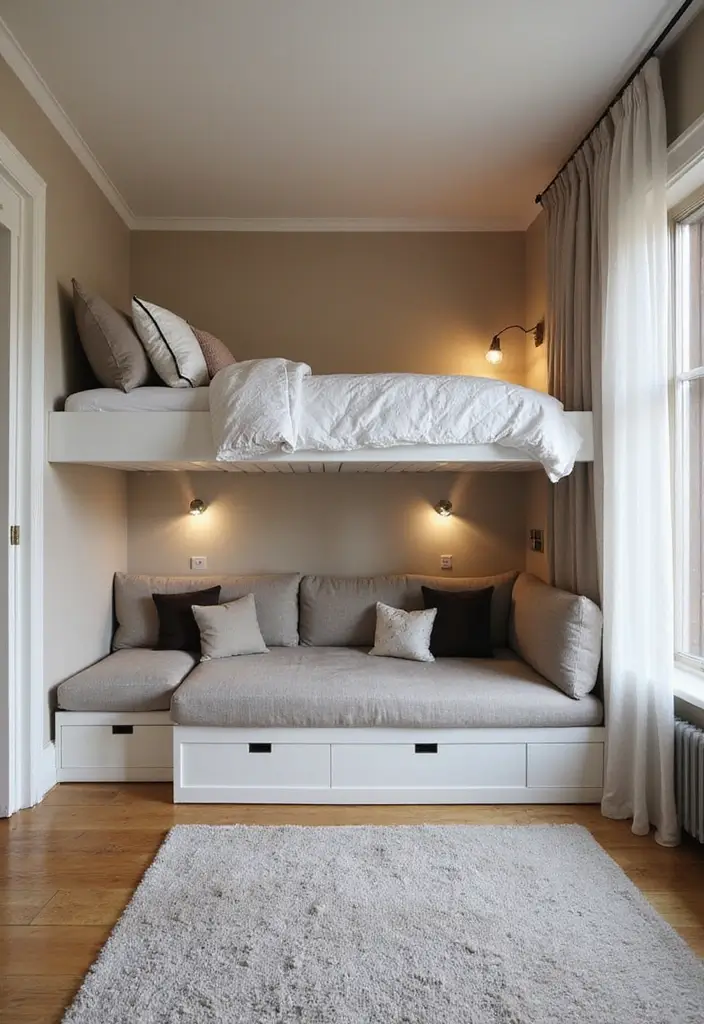 29 Loft Bed Bedroom Ideas That Feel Playful & Efficient - 22. Stylish Loft Bed with Foldable Seating