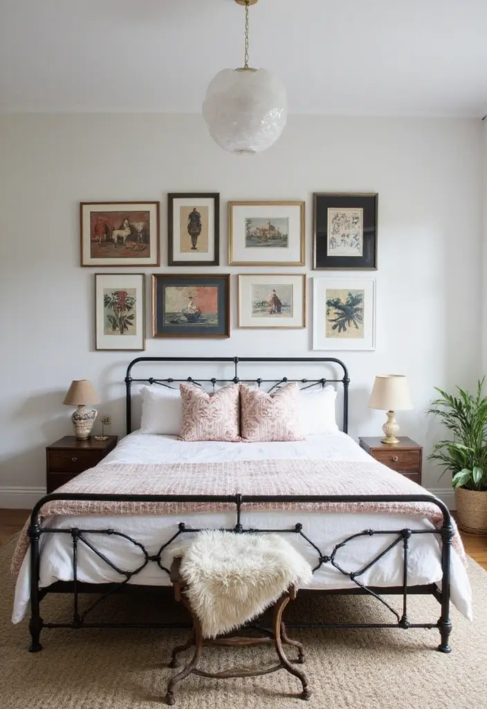 29 Metal Bed Frame Bedroom Ideas Vintage That Add Classic Charm - 11. Eclectic Gallery Wall