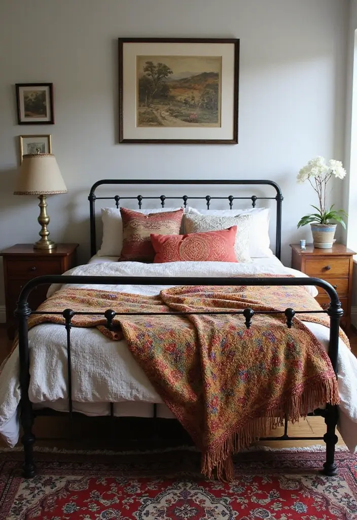 29 Metal Bed Frame Bedroom Ideas Vintage That Add Classic Charm - 13. Vintage Textiles