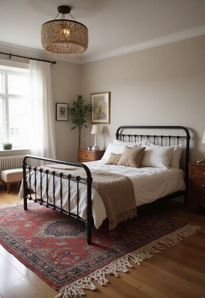 29 Metal Bed Frame Bedroom Ideas Vintage That Add Classic Charm - 17. Layered Rugs