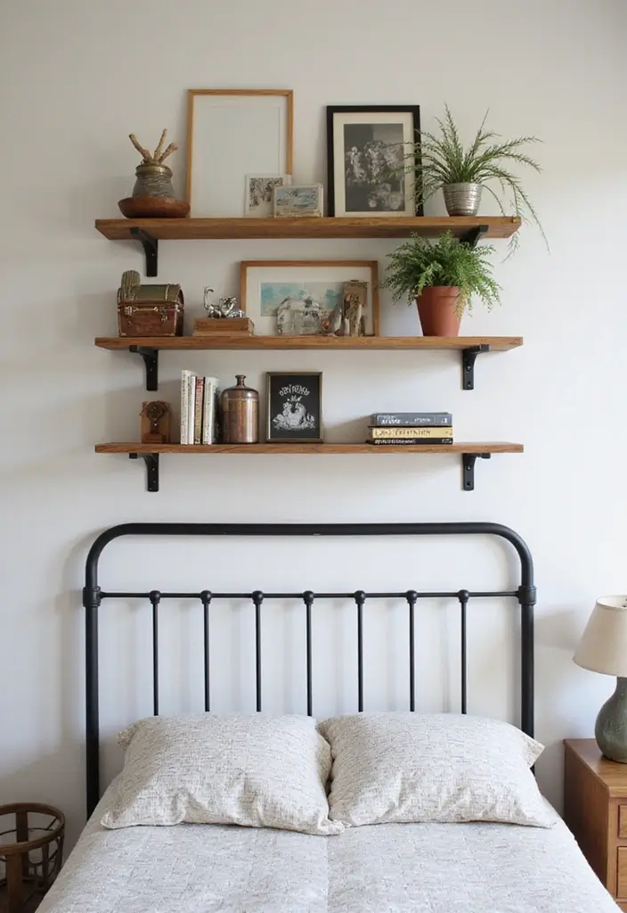 29 Metal Bed Frame Bedroom Ideas Vintage That Add Classic Charm - 20. Wall-mounted Shelves