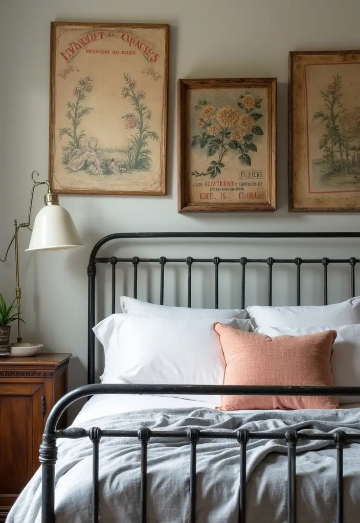 29 Metal Bed Frame Bedroom Ideas Vintage That Add Classic Charm - 22. Vintage Artwork