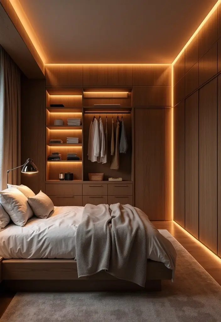 30 Bedroom Ideas with Wardrobe That Feel Practical & Stylish - 14. Layered Lighting