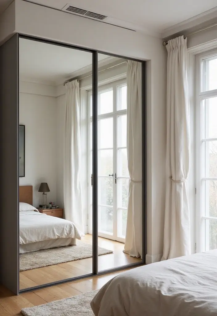 30 Bedroom Ideas with Wardrobe That Feel Practical & Stylish - 16. Mirrored Accents