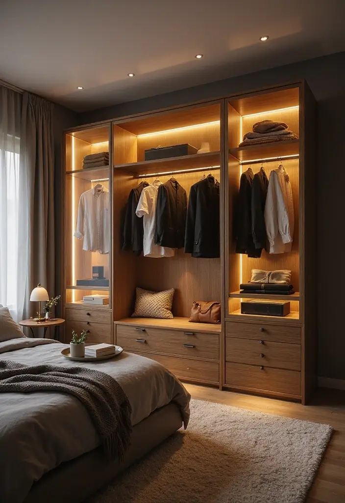 30 Bedroom Ideas with Wardrobe That Feel Practical & Stylish - 19. Integrated Lighting