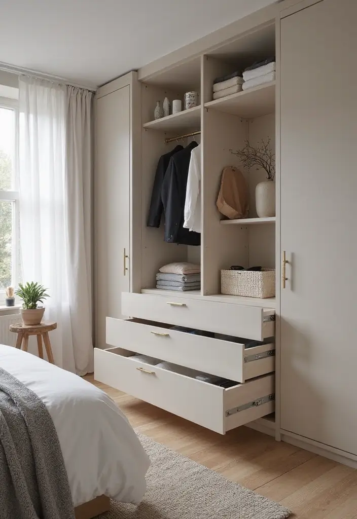 30 Bedroom Ideas with Wardrobe That Feel Practical & Stylish - 8. Minimalist Drawer Units