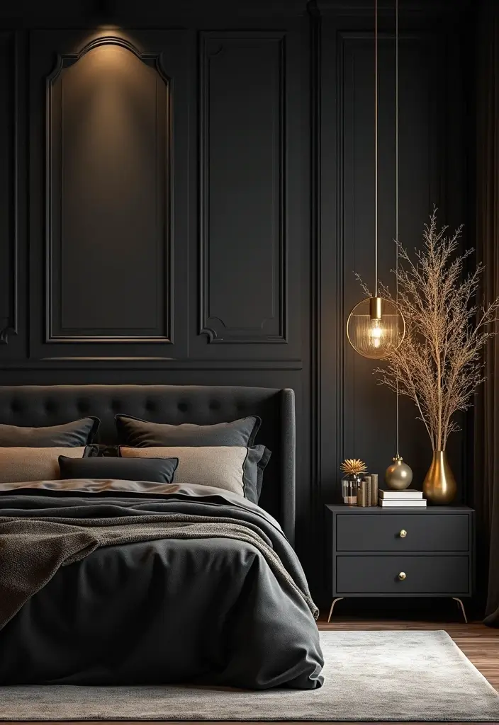 30 Black Bedroom Set Decor Ideas That Scream Luxury - 1. Sleek Black Furniture with Gold Accents