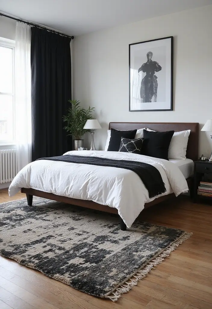 30 Black and White Bedroom Ideas for Teens That Are Bold & Balanced - 16. Statement Rugs