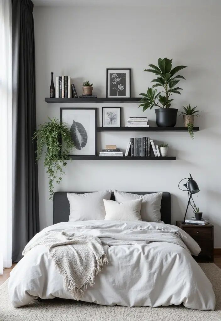 30 Black and White Bedroom Ideas for Teens That Are Bold & Balanced - 25. Stylish Wall Shelves