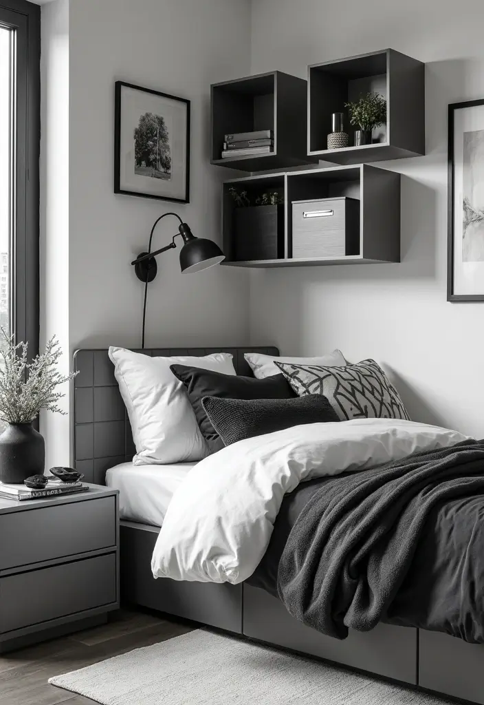 30 Black and White Bedroom Ideas for Teens That Are Bold & Balanced - 8. Creative Storage Solutions