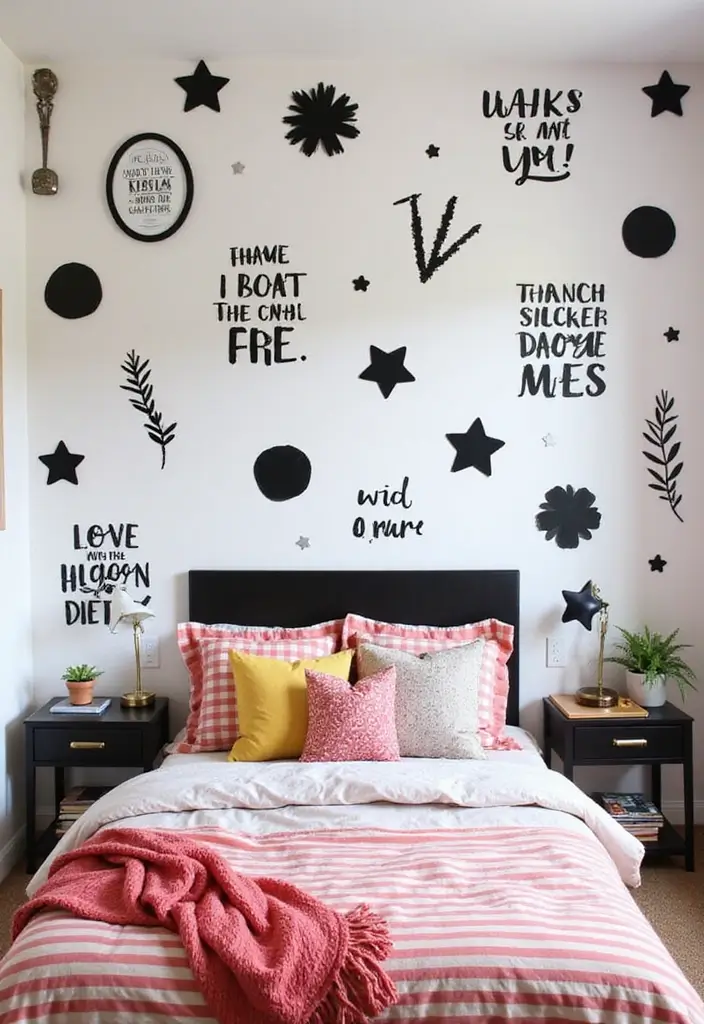 30 Black and White Bedroom Ideas for Teens That Are Bold & Balanced - 9. Youthful Wall Decals