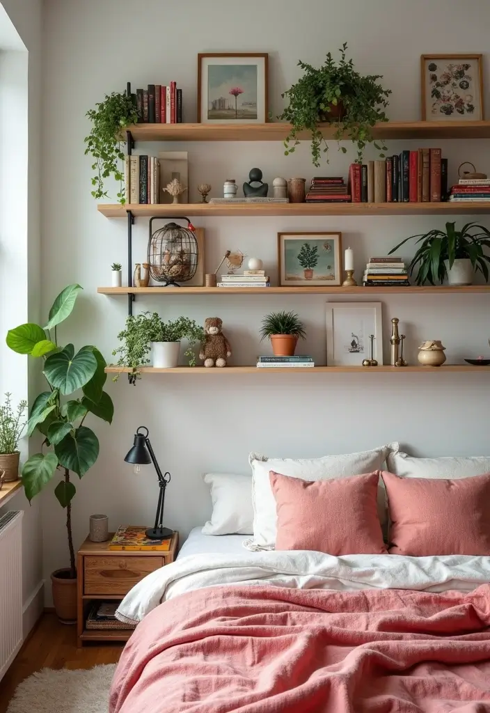 30 Cool Girl Bedroom Ideas That Radiate Personality - 28. Layered Wall Shelves