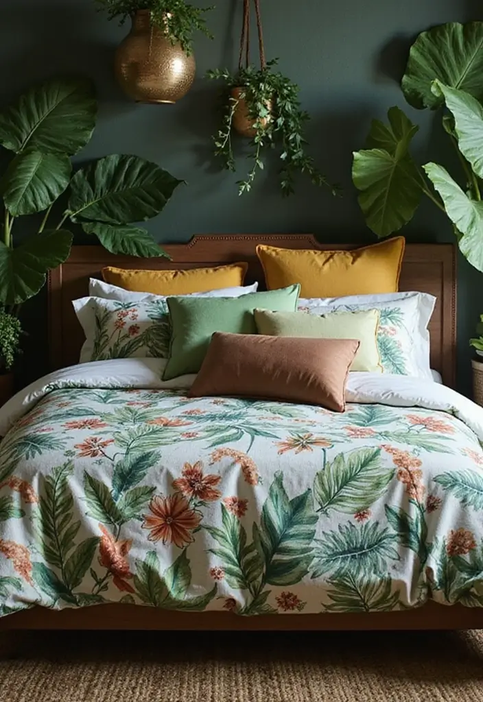 30 Jungle Bedroom Ideas for Adults That Bring Nature Indoors - 11. Botanical Prints for Bedding