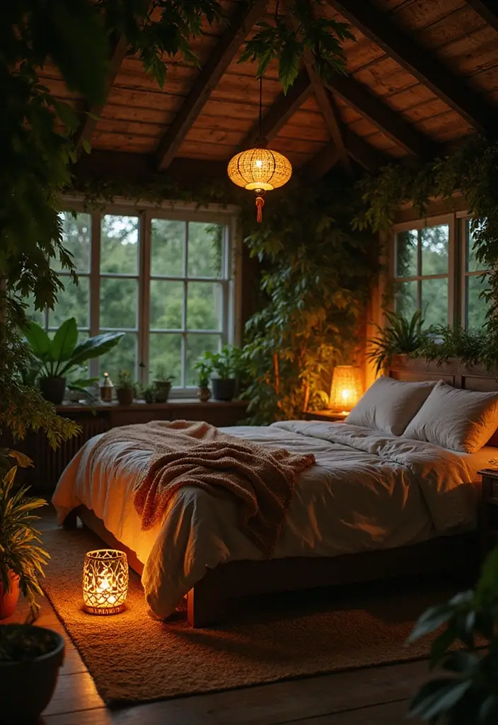 30 Jungle Bedroom Ideas for Adults That Bring Nature Indoors - 24. Cozy Lighting with Lanterns