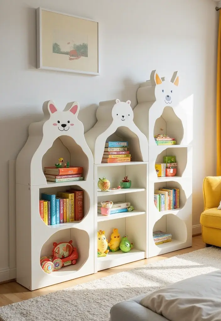 30 Kids Bedroom Shelving Ideas That Keep Things Cute & Organized - 10. Whimsical Animal Shelving