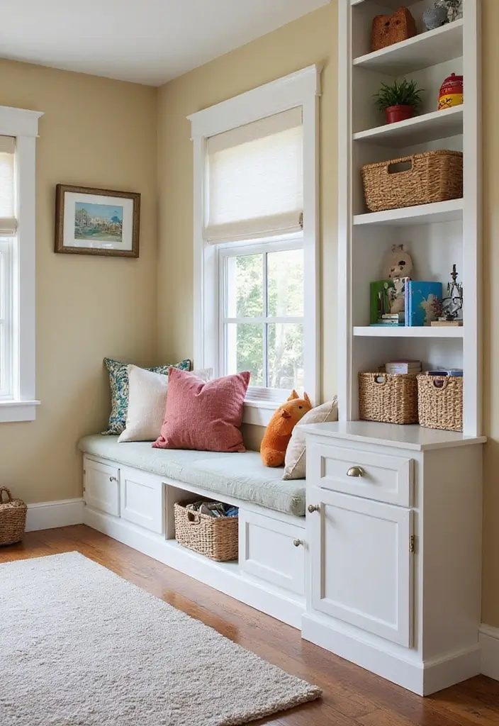 30 Kids Bedroom Shelving Ideas That Keep Things Cute & Organized - 12. Storage Benches with Shelving