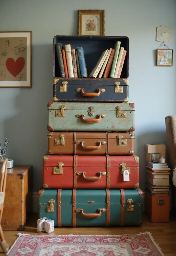 30 Kids Bedroom Shelving Ideas That Keep Things Cute & Organized - 14. Vintage Suitcase Shelving