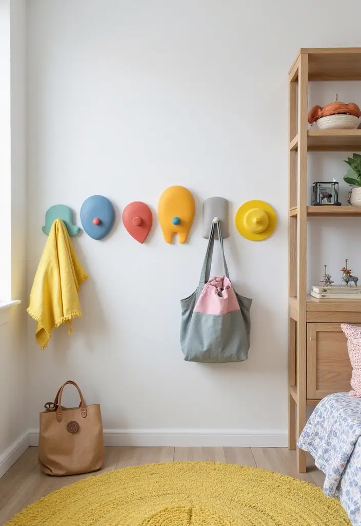 30 Kids Bedroom Shelving Ideas That Keep Things Cute & Organized - 16. Space-Saving Wall Hooks