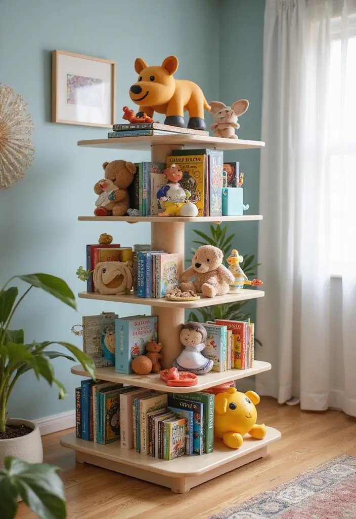 30 Kids Bedroom Shelving Ideas That Keep Things Cute & Organized - 22. Rotating Bookshelf