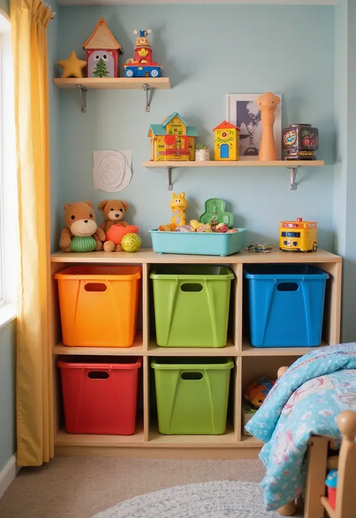 30 Kids Bedroom Shelving Ideas That Keep Things Cute & Organized - 25. Colorful Toy Bins on Shelves