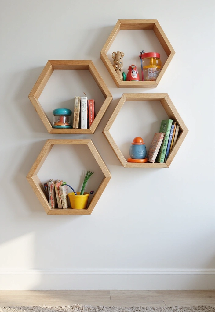30 Kids Bedroom Shelving Ideas That Keep Things Cute & Organized - 26. Hexagonal Shelving