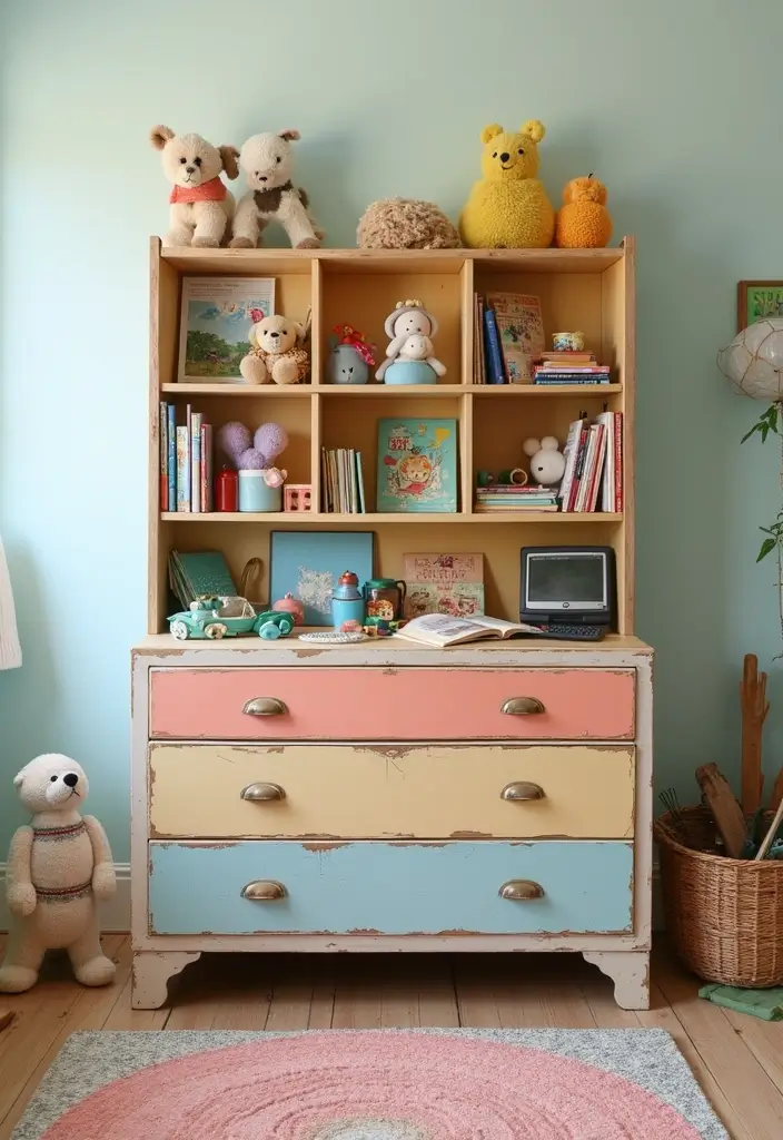 30 Kids Bedroom Shelving Ideas That Keep Things Cute & Organized - 27. Upcycled Furniture Storage