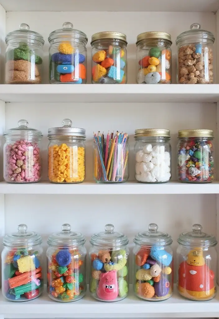 30 Kids Bedroom Shelving Ideas That Keep Things Cute & Organized - 28. Glass Jar Displays