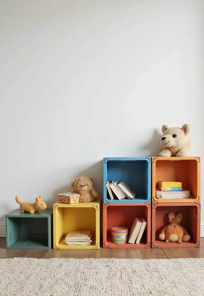 30 Kids Bedroom Shelving Ideas That Keep Things Cute & Organized - 3. Stackable Crates for Custom Organization