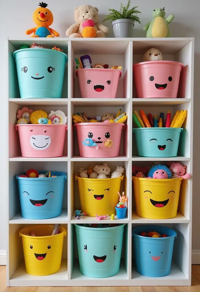 30 Kids Bedroom Shelving Ideas That Keep Things Cute & Organized - 30. Playful Storage Baskets
