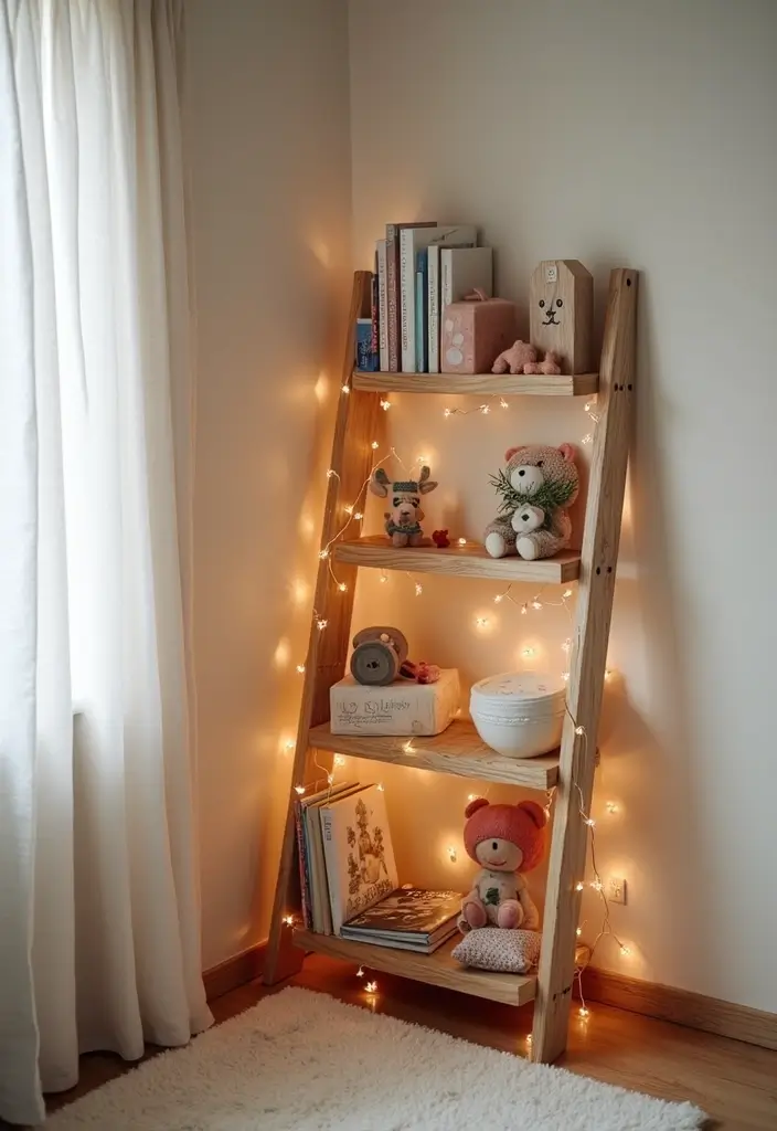 30 Kids Bedroom Shelving Ideas That Keep Things Cute & Organized - 7. Ladder Shelves for a Modern Touch