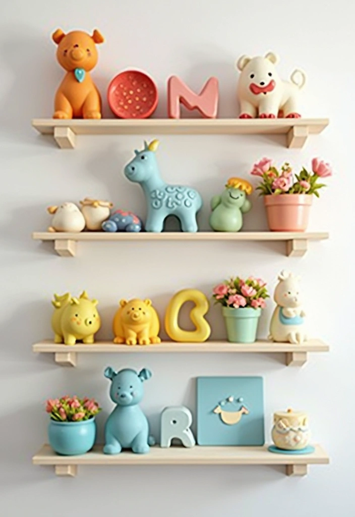 30 Kids Bedroom Shelving Ideas That Keep Things Cute & Organized - 9. Personalized Wall Art Shelves