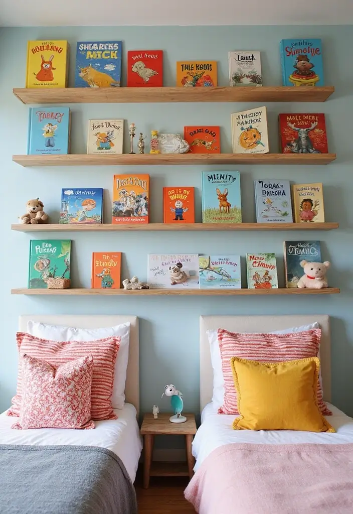 30 Kids Shared Bedroom Ideas That Are Functional and Fun - 12. Wall-Mounted Shelves