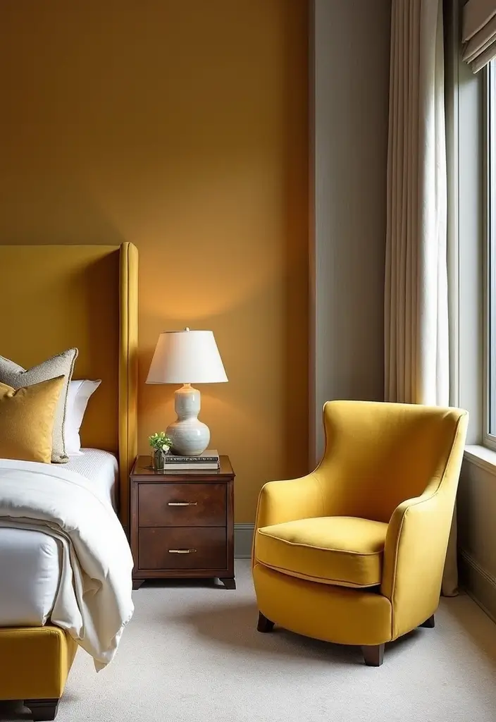 30 Mustard Yellow Bedroom Ideas That Add Cheerful Warmth - 10. Mustard Upholstery