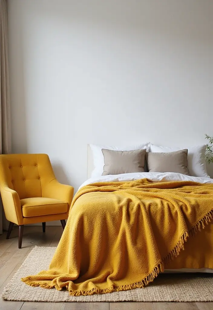 30 Mustard Yellow Bedroom Ideas That Add Cheerful Warmth - 12. Mustard Yellow Throws